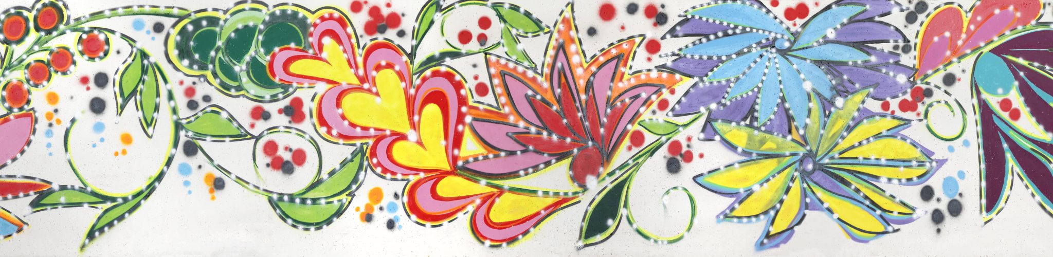 A mural of colorful painted flowers. The colors include red, yellow, pink, and orange with green leaves and stems.